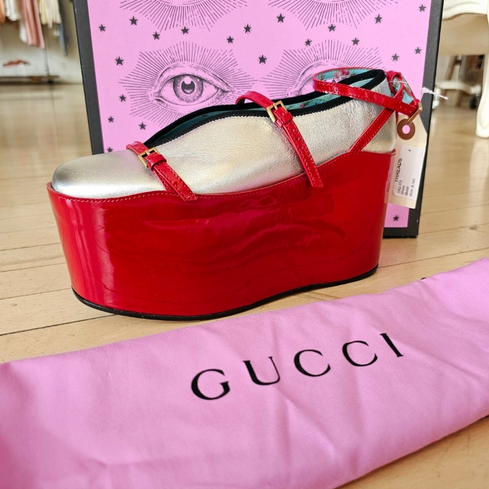 Gucci hannelore ultra platform sandals silver red floral valentines flatforms